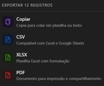Menu de exportação de dados em CSV e Excel
