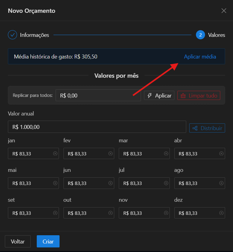 Botão 'Usar média histórica' no modal de criação
