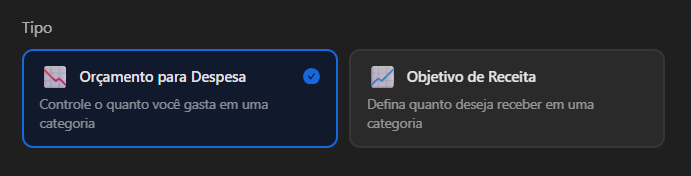 Modal de criação de orçamento com seleção entre Despesa e Receita