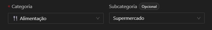 Modal de criação com dropdown de categorias e seleção de moeda