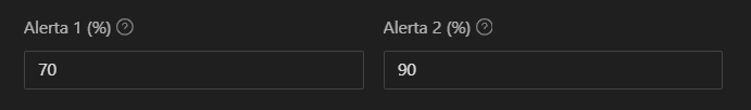 Campos de configuração de alertas com percentuais de 70% e 90%